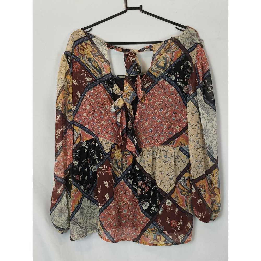 American Eagle Patchwork Print Balloon Sleeve Bow Tie Back Blouse Woman's Size M - Picture 2 of 7